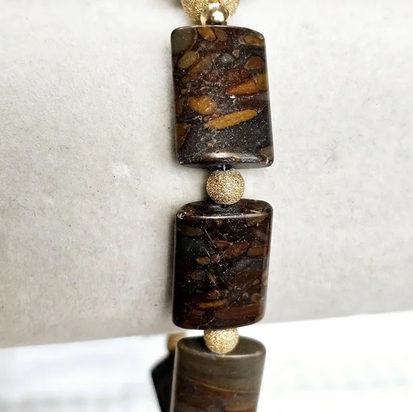 Vintage 14KGP Gold and Brown Jasper Gemstone Beaded Bracelet - Picture 7 of 15
